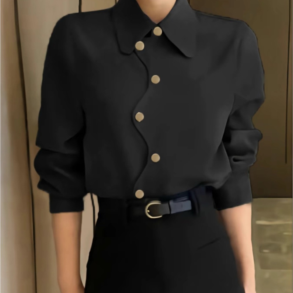 Chic Black Button-Up Shirt with Unique Buttons